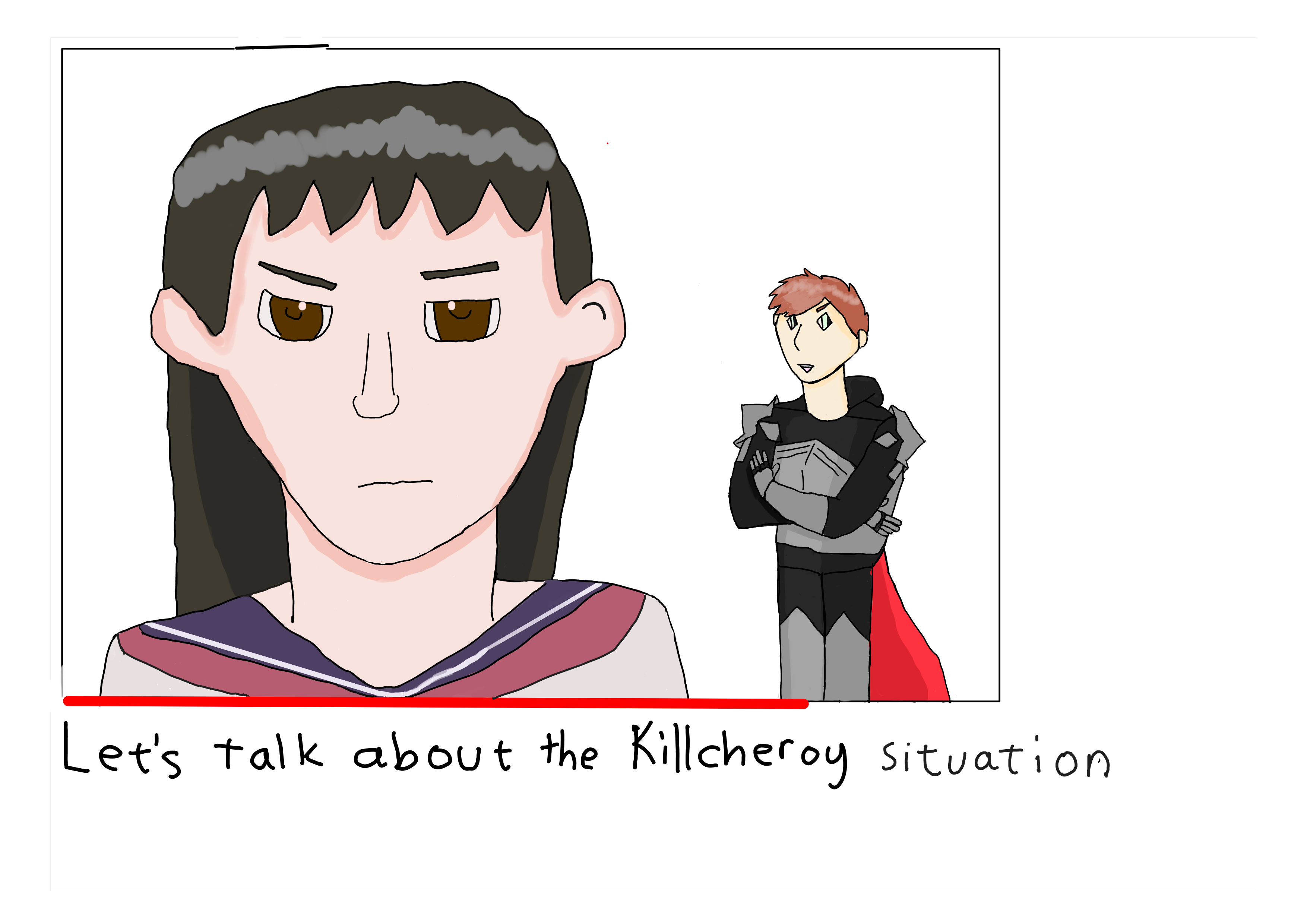 Fuuta Kajiyama's as a commentary youtuber persona in a knight outfit with a cape with the face of Killcheroy to the side.